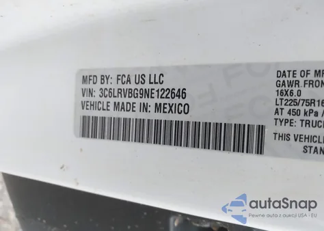 2022 Ram Promaster 1500 136 Wb из США, поврежденный, VIN 3C6LRVBG9NE122646